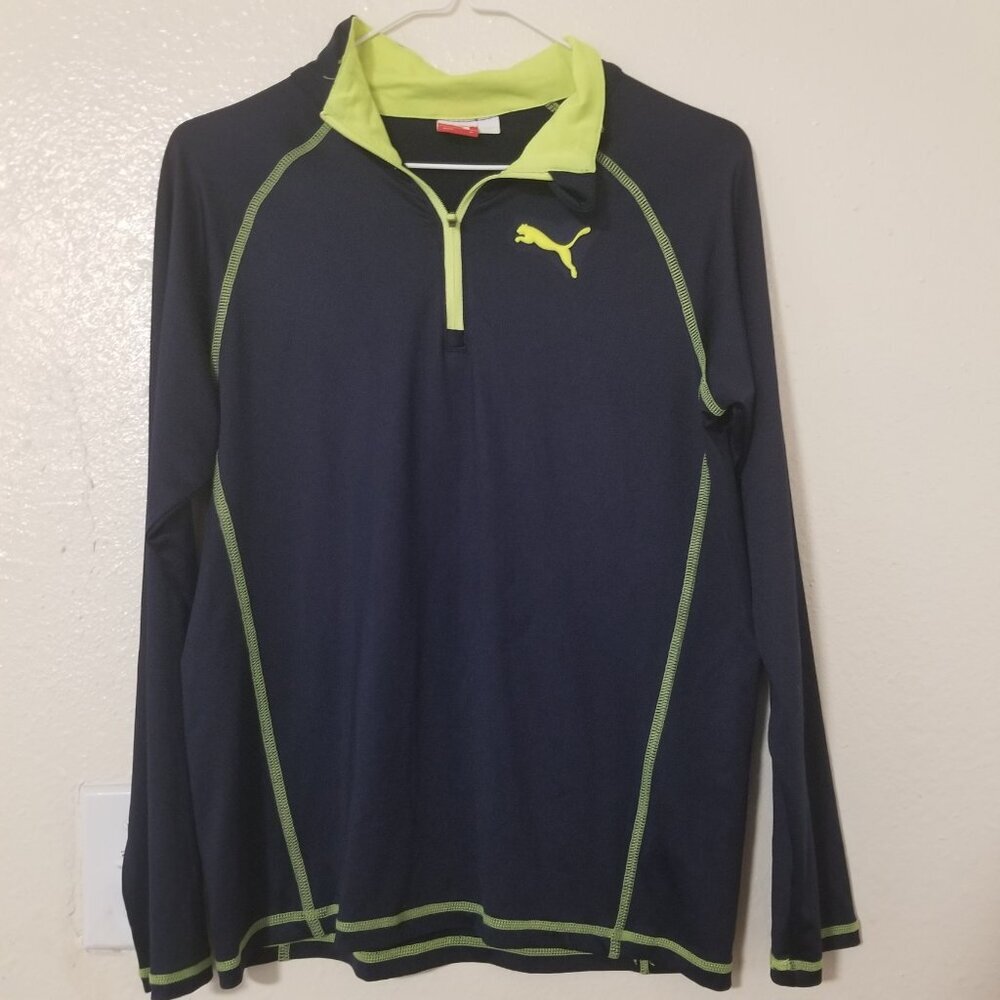 Puma Boys Medium Navy Blue Lime Green Pullover 1/4 Zip Athletic Dry Cell